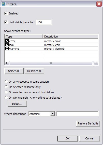 Memory Problems Filters dialog