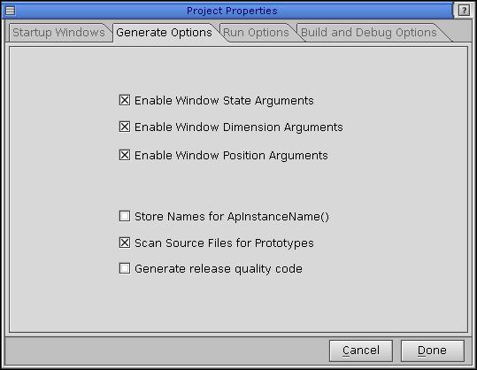 Generate Options tab of the Project Properties dialog