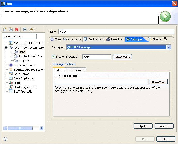 Launch Configurations dialog; Debugger tab