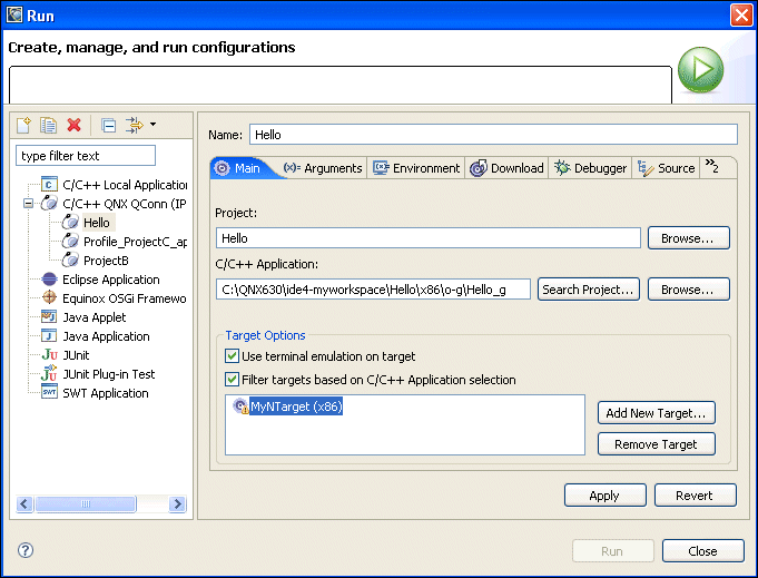 Launch Configurations dialog; Main tab