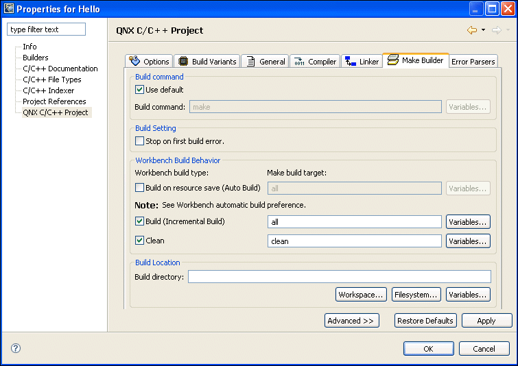 Make Builder  settings - QNX C/C++ Project