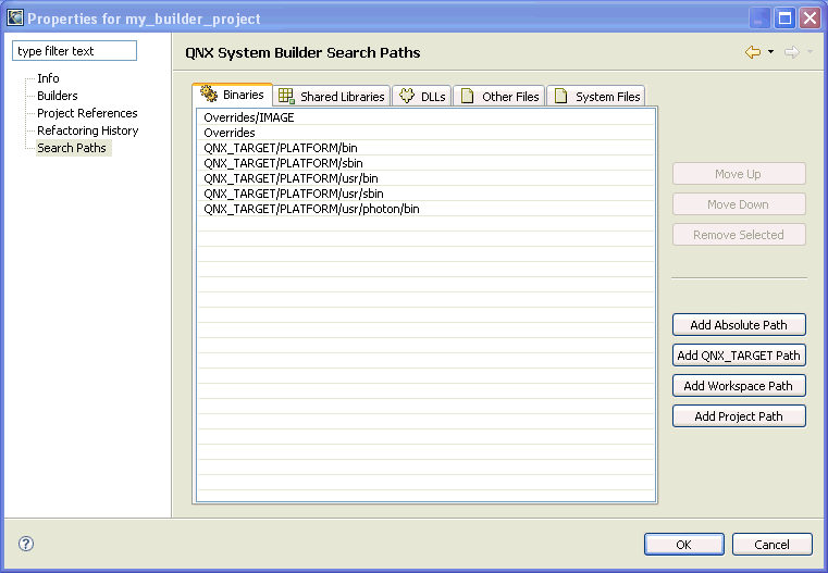 Properties dialog; Search Paths