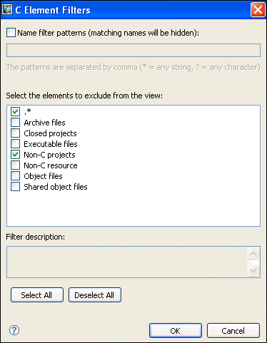 C/C++ Projects view; File Filter dialog