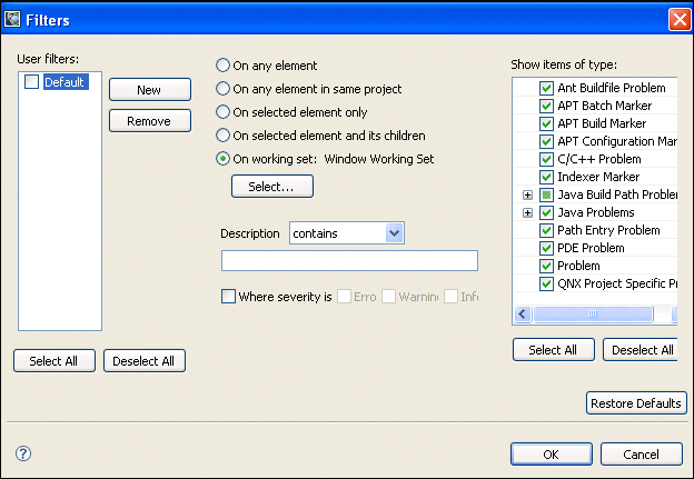 Problems view; Filters dialog