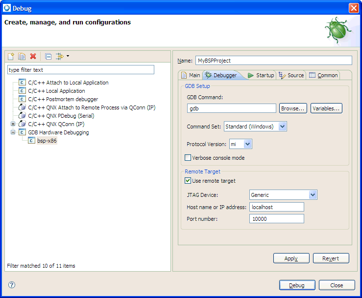 Launch configuration window - Debug tab
