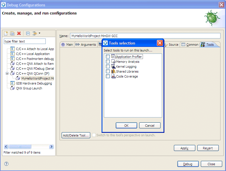 Launch Configurations dialog; tools tab