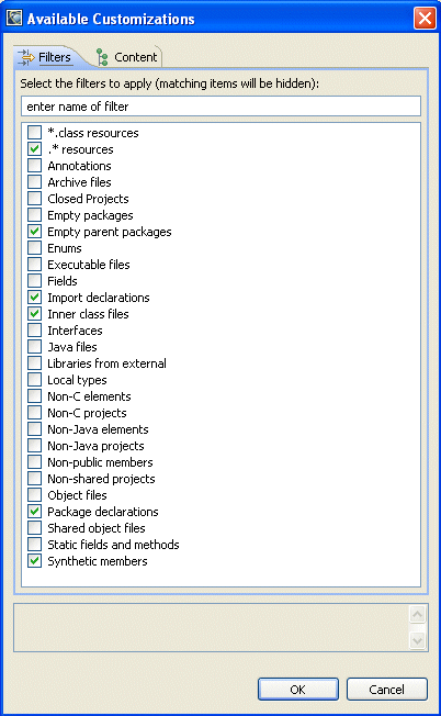 Project Explorer view; File Filter dialog