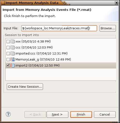 Importing Memory Analysis Data wizard