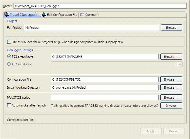 The Lauterbach Launch Configuration type- Trace32 Debugger tab