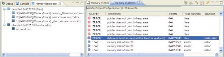 Memory Analysis Tool: Memory Problems view