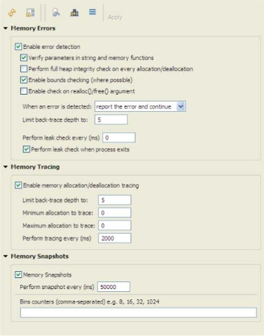 Memory Analysis tool - Settings tab