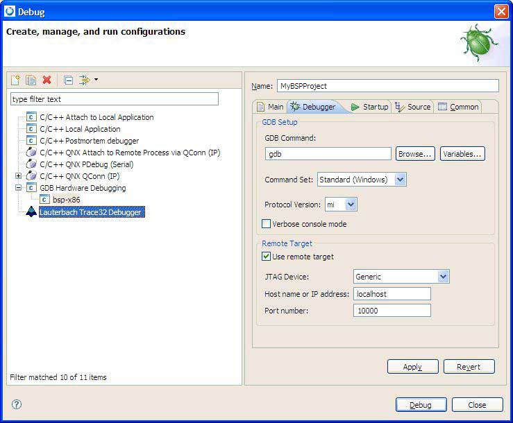 Lauterbach Trace32 In-Circuit Debugger launch configuration type