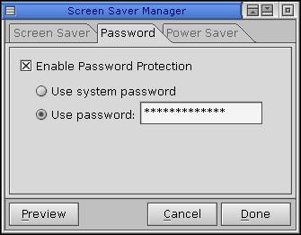 Screensaver options - Password tab
