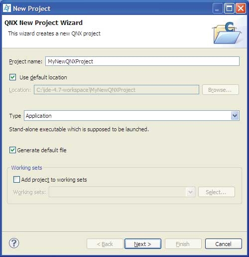 New QNX C Project: Project name and type