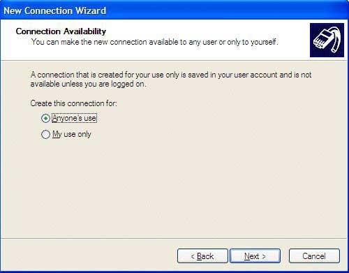 New Connection wizard: Connection Availability