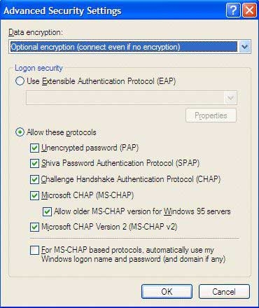 Connection: Advanced security Settings dialog