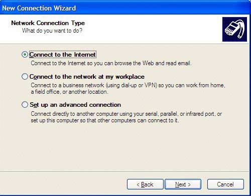New Connection wizard: Network Connection Type