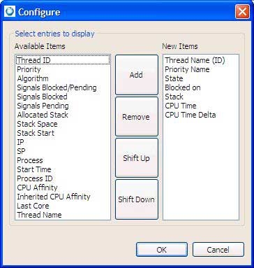 Process Information view; Configure dialog