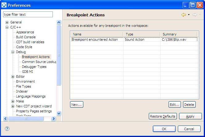 Breakpoints: setting a breakpoint action