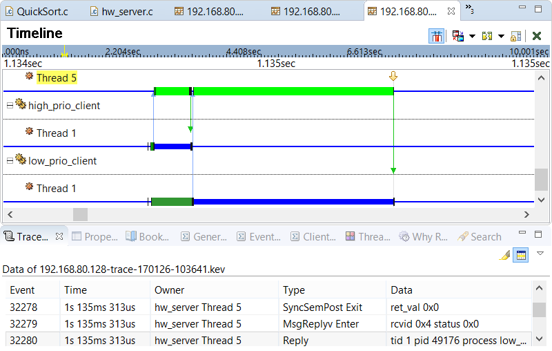 Screenshot of Timeline pane with IPC lines between a server and two client threads, with the SyncSemPost Enter event selection reflected in the Trace Event Log view
