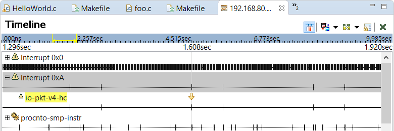 Screenshot of Timeline pane with an interrupt selected and a handler entry event highlighted