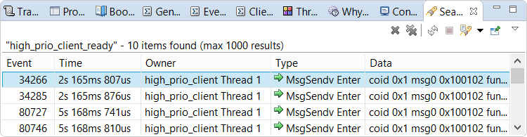 Screenshot of Search view listing MsgSendV Enter events for high_prio_client Thread 1
