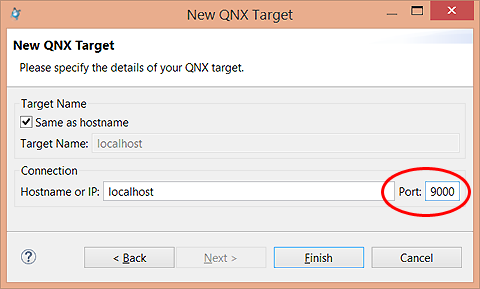Screenshot of New QNX Target window, which specifies target connection fields