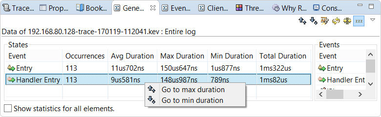 Screenshot of General Statistics view that shows a table with data about Entry and Handler Entry events, with the right-click menu displayed for the Handler Entry row
