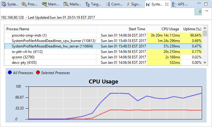 Screenshot of Process Information view showing System Uptime statistics, with process list sorted by CPU Usage