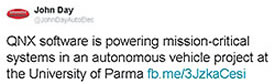 John Day - University of Parma, QNX autonomous car tweet