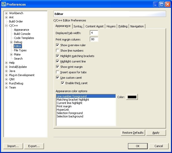 C/C++ editor; preferences