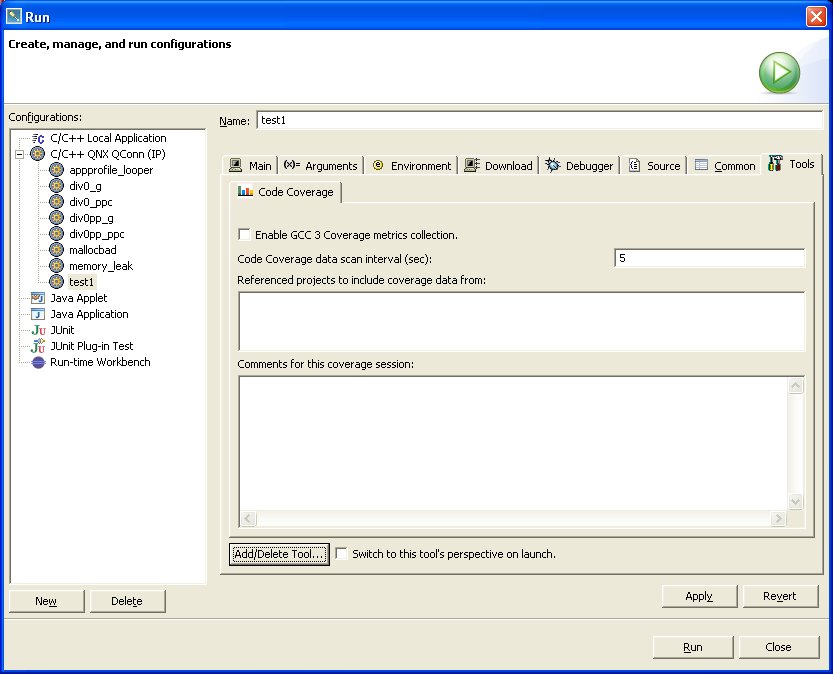 Launcher; Tools tab; Code Coverage tool