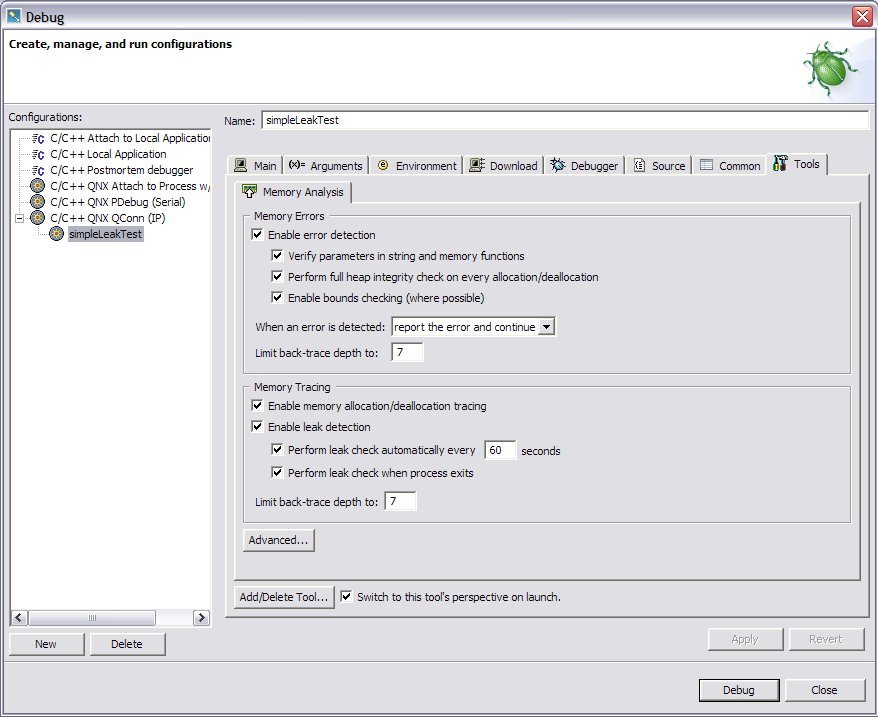 Launch Configurations dialog; Tools tab; Memory Analysis sub-tab