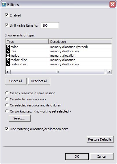 Memory Trace Filters dialog