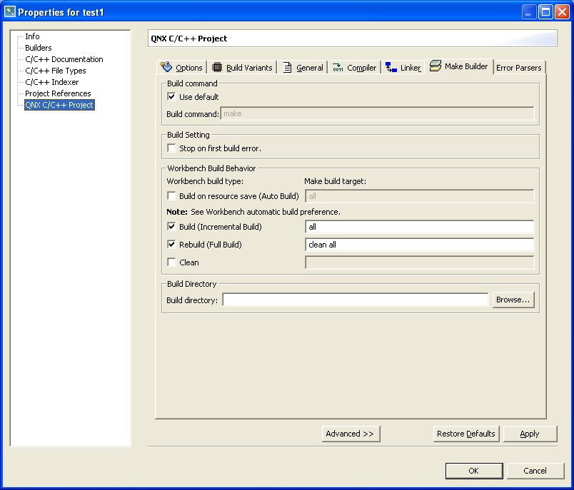 Make Builder  settings - QNX C/C++ Project