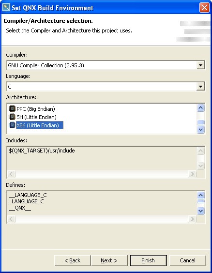 Set QNX Build  Environment wizard - Compiler/Architecture Selection