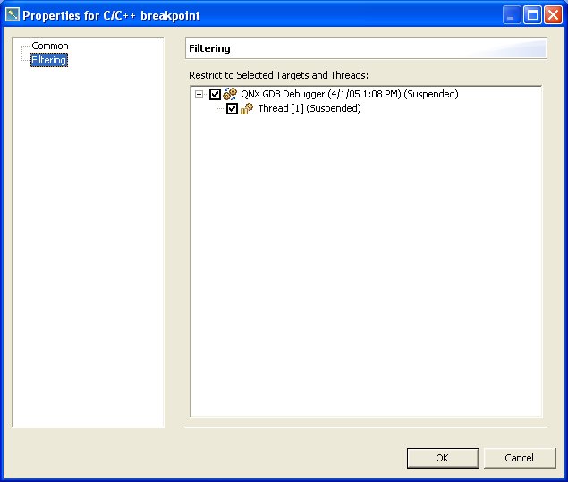 Breakpoints view; setting breakpoint properties