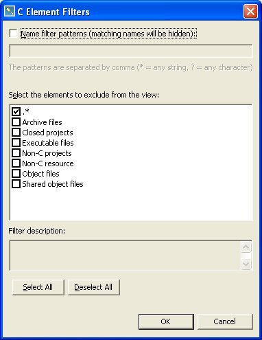 C/C++ Projects view; File Filter dialog