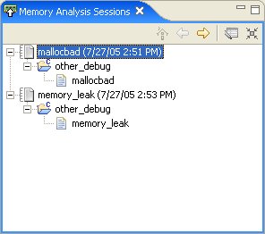 Memory Analysis Sessions view