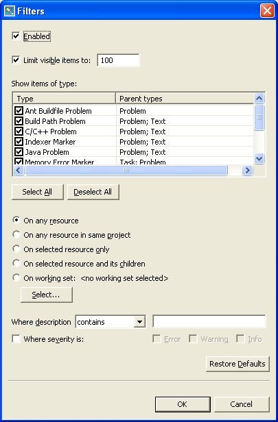 Problems view; Filters dialog