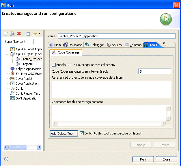 Launcher; Tools tab; Code Coverage tool
