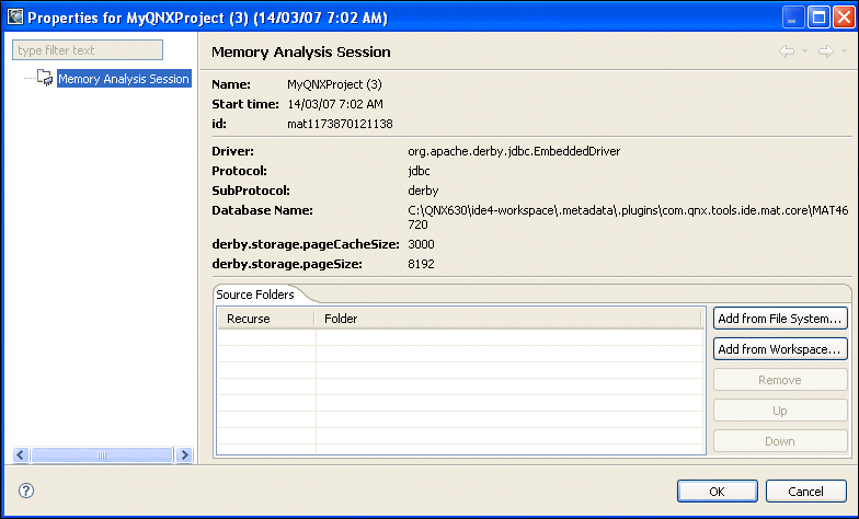 Memory Analysis session properties