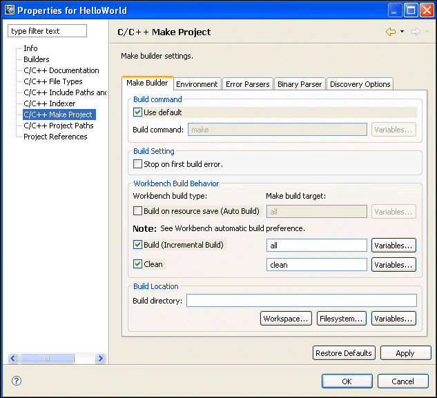 Make  Builder settings - Standard C/C++ Project