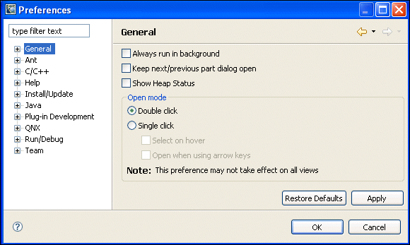 Preferences menu