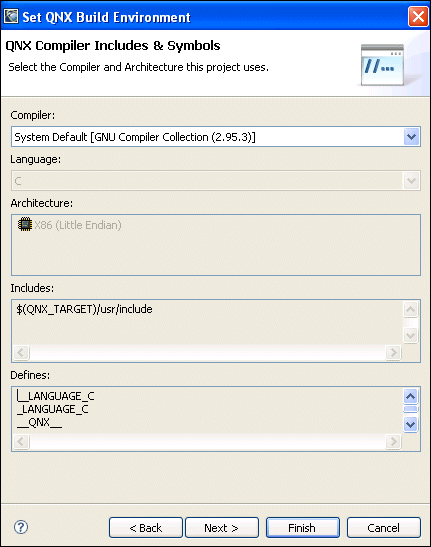 Set QNX Build  Environment wizard - Compiler/Architecture Selection