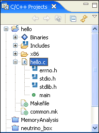 C/C++ Projects view; outline; source