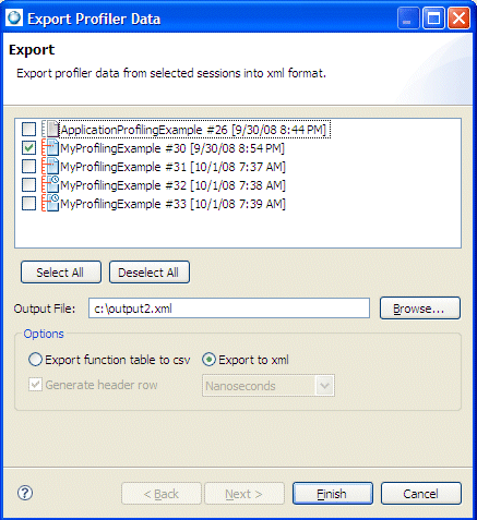 Exporting Application Profiler session data
