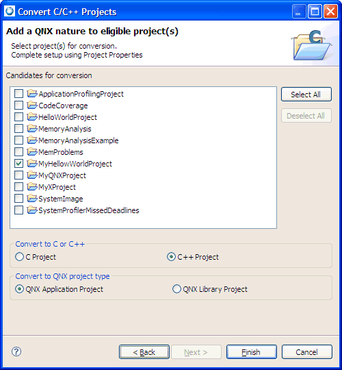 Convert to QNX project wizard