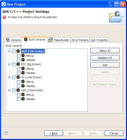 Common wizards: C/C++ Projects; Build Variants tab
