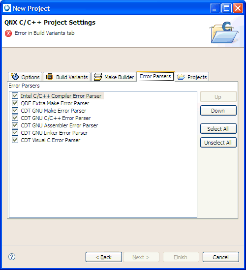 Common wizards: C/C++ Projects; Error Parsers tab